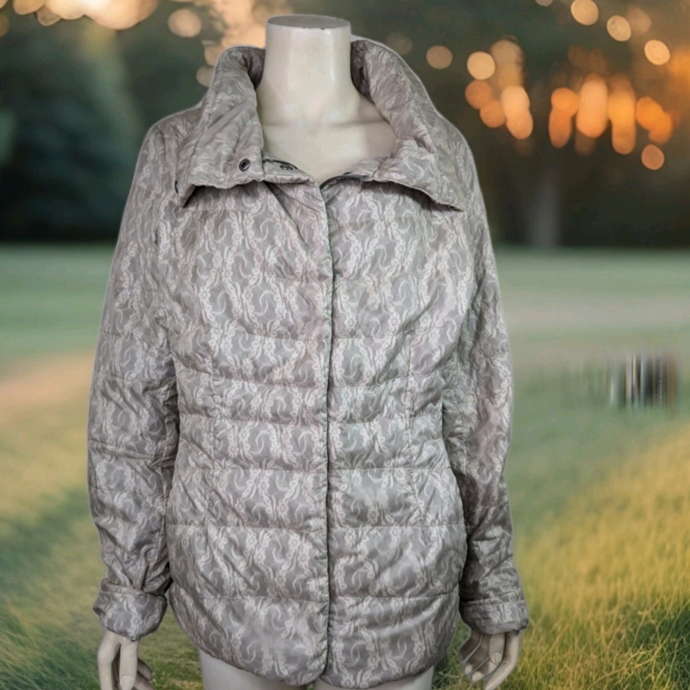 Puffer Jacket L Lace Pattern Goose Down Eddie Bauer Women's Gray Pockets Pretty